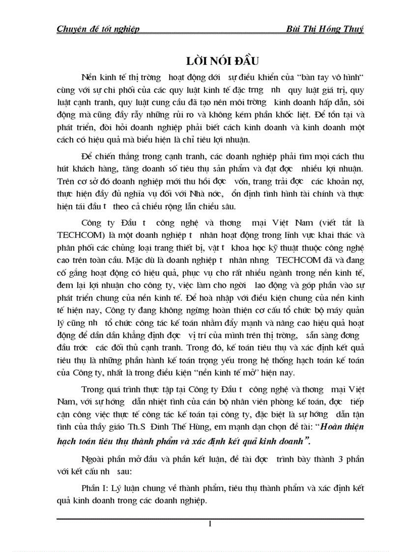 Công tác kế toán thành phẩm bán hàng và xác định kết quả kinh doanh của Công ty Đầu tư công nghệ và thương mại Việt Nam