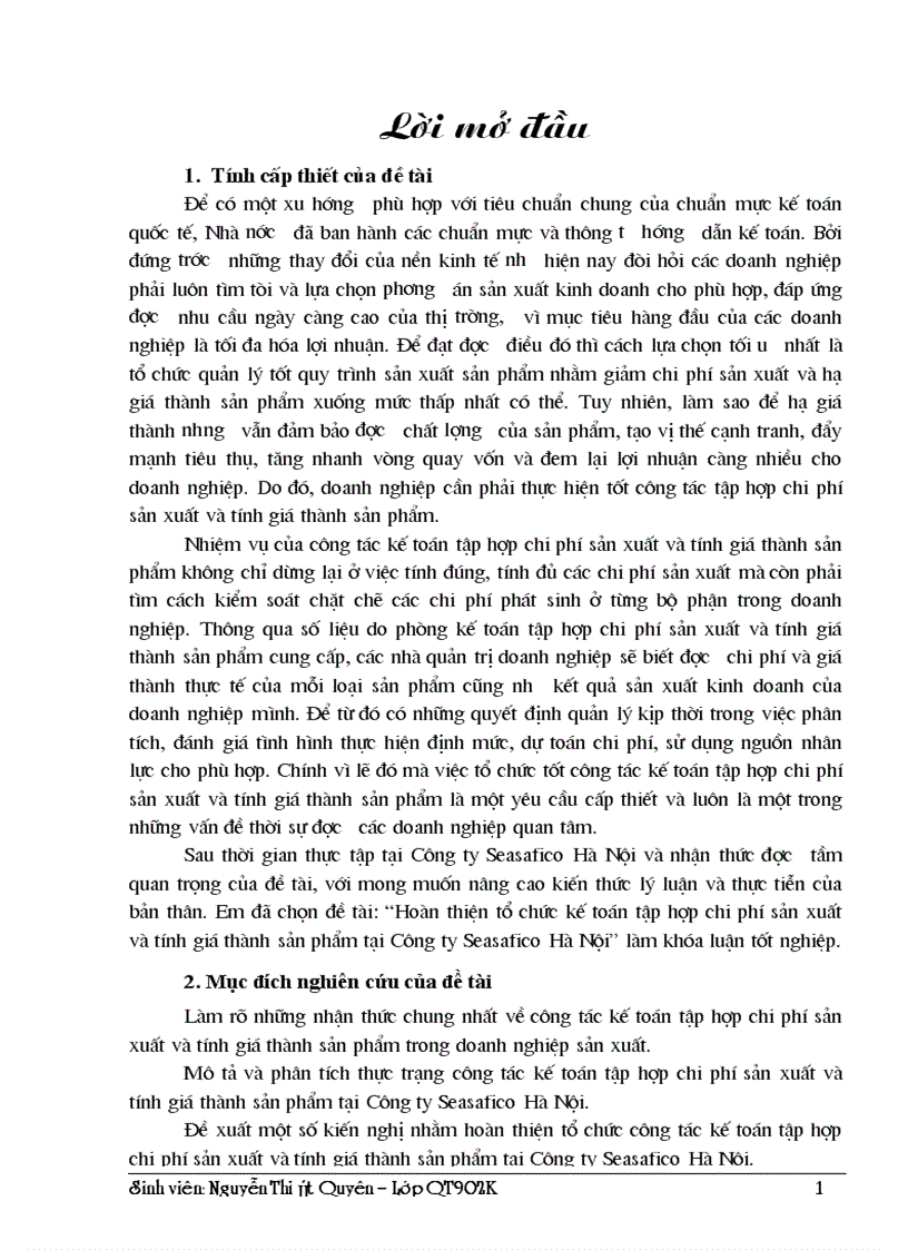 Hoàn thiện tổ chức kế toán tập hợp chi phí sản xuất và tính giá thành sản phẩm tại Công ty Seasafico Hà Nội