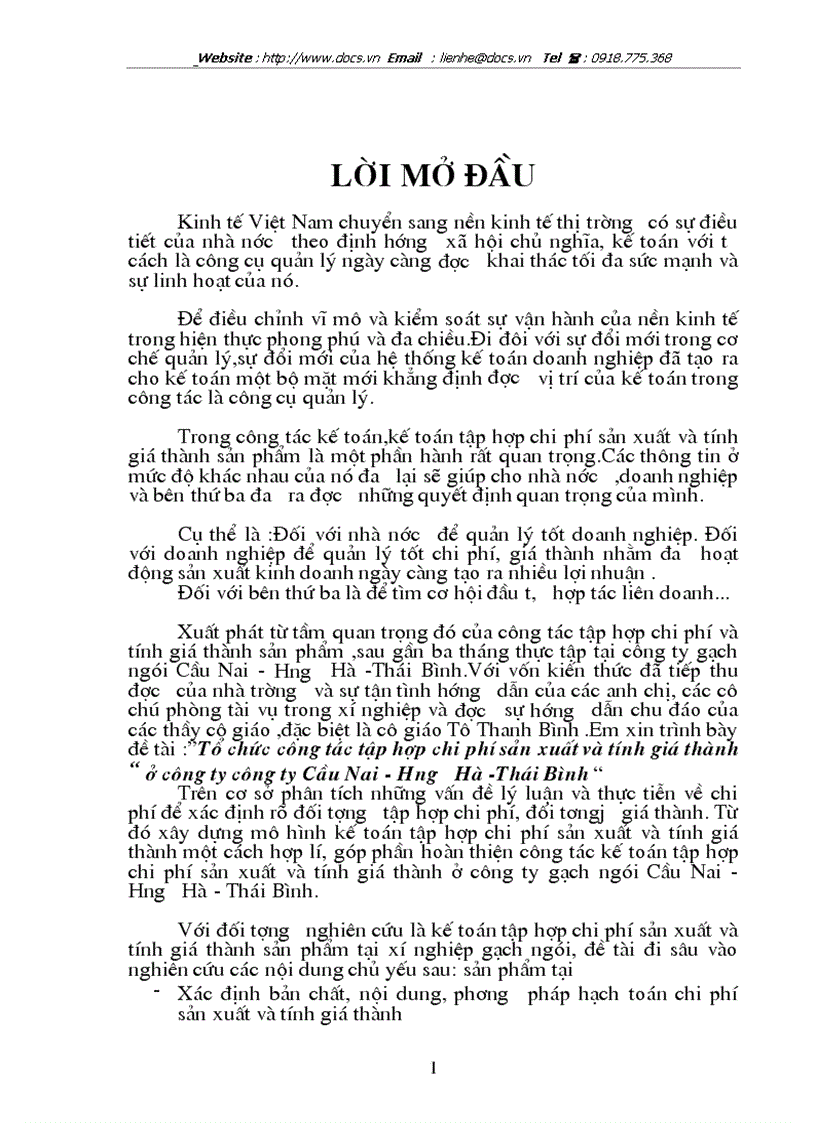 Tổ chức công tác tập hợp chi phí sản xuất và tính giá thành ở công ty công ty Cầu Nai Hưng Hà Thái Bình