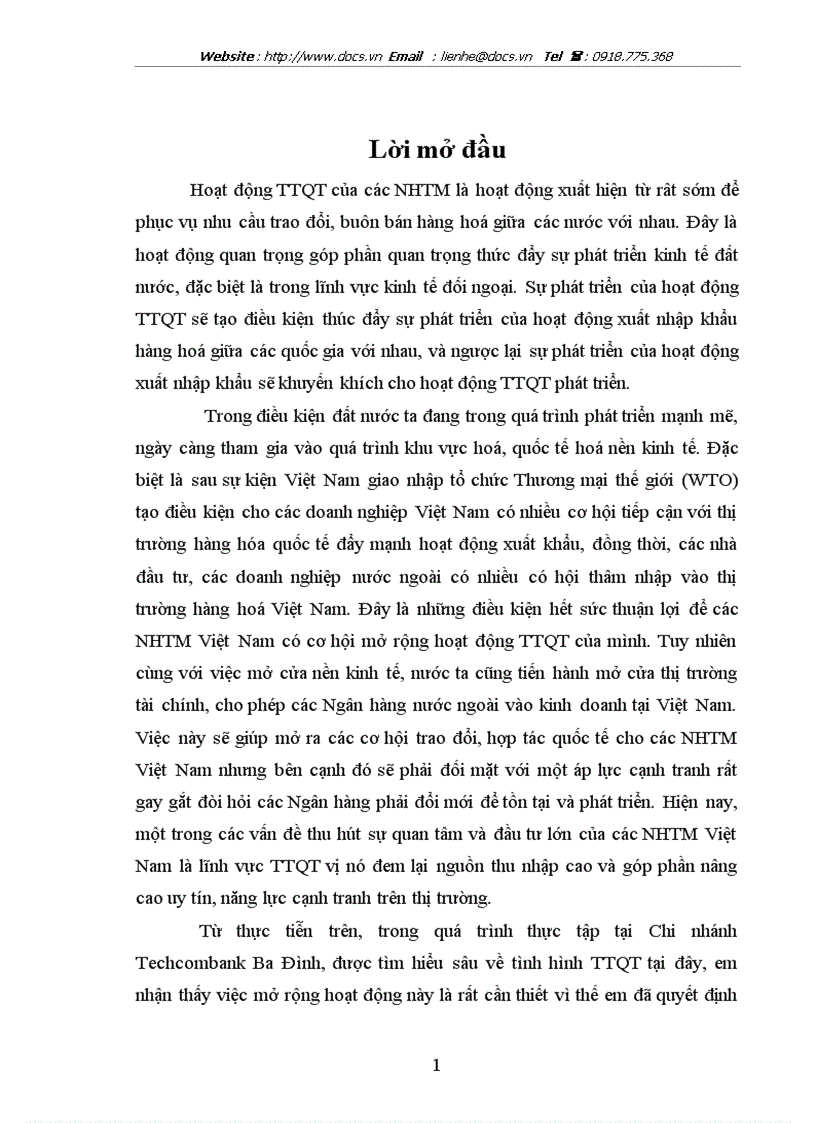 Giải pháp mở rộng hoạt động Thanh toán quốc tế tại chi nhánh ngânhàng NHTMCP Kỹ Thương TechcomBank Ba Đình