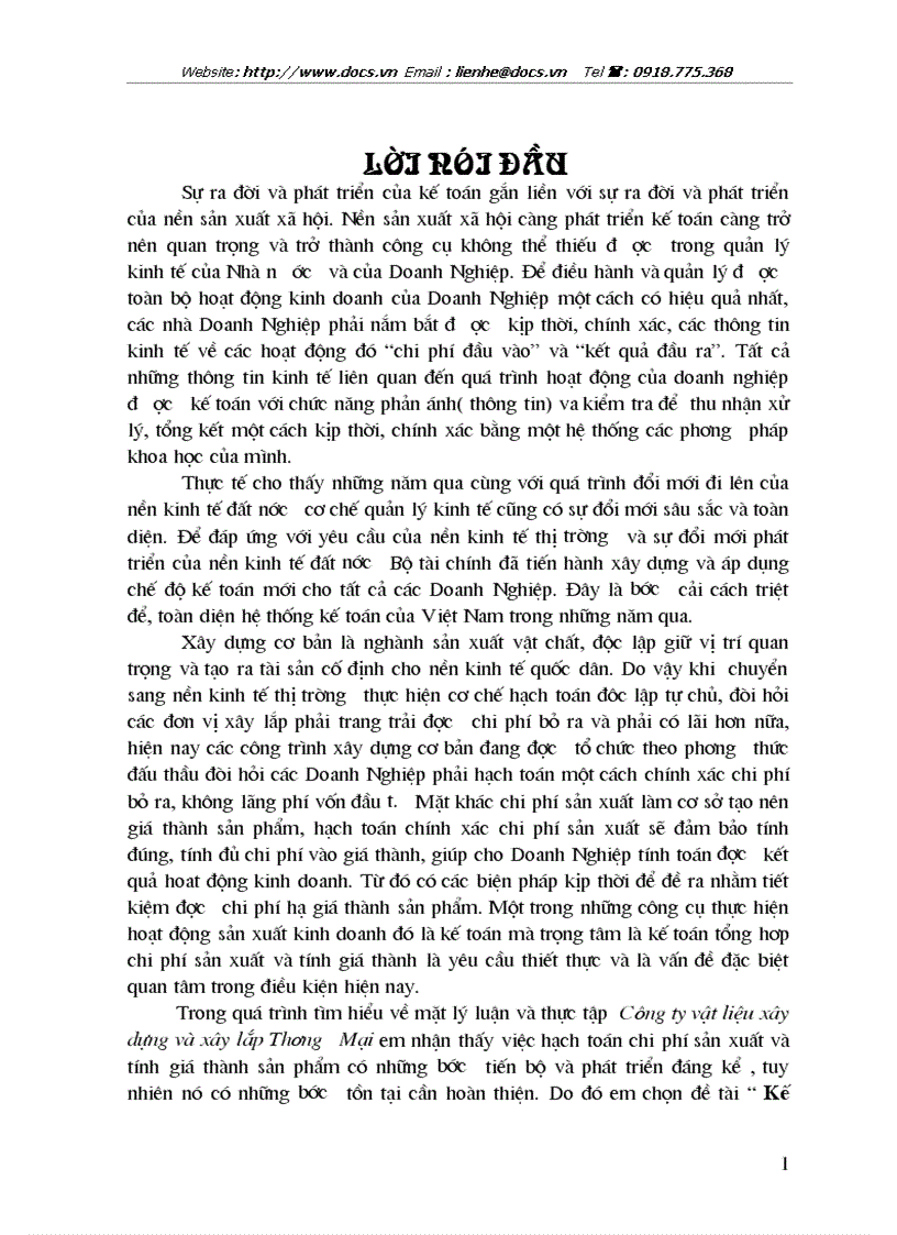 Kế toán tập hợp chi phí và tính giá thành xây lắp ở Công ty vật liệu và xây lắp Thương Mại