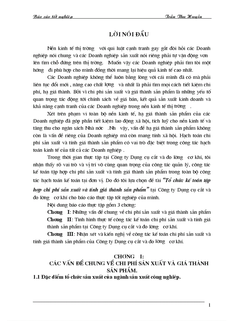 Công tác kế toán chi phí sản xuất và tính giá thành sản phẩm của Công ty Dụng cụ cắt và đo lường cơ khí