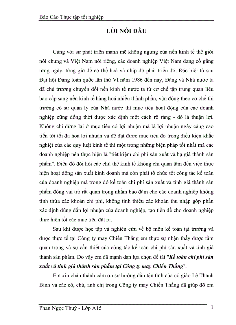 Luận văn tốt nghiệp Kế toán chi phí sản xuất và tính giá thành sản phẩm tại Công ty may