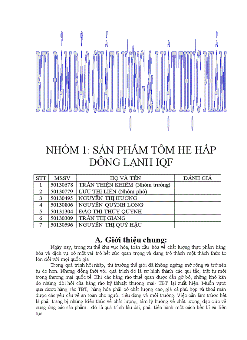 Xây dựng kế họach HACCP cho mặt hàng tôm he hấp đông lạnh IQF