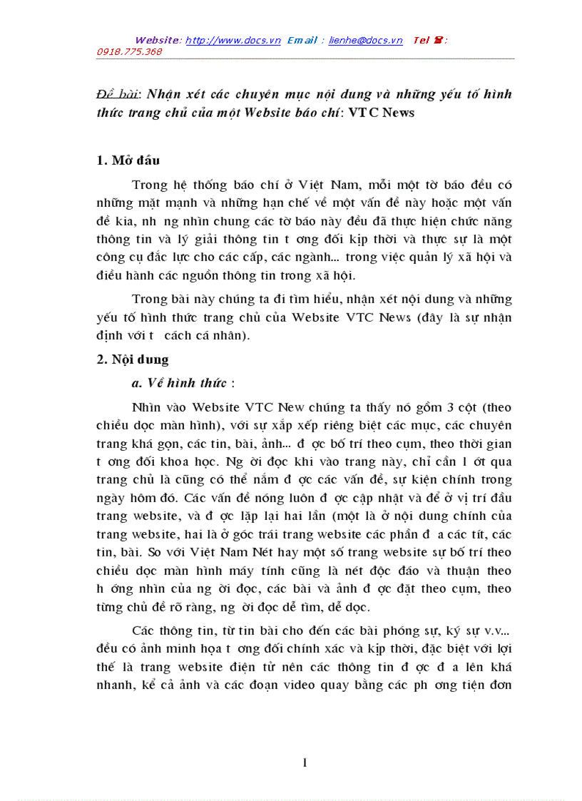 Nhận xét các chuyên mục nội dung và những yếu tố hình thức trang chủ của một Website báo chí VTC News