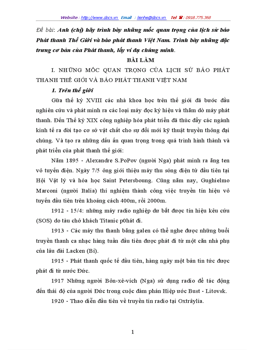 Trình bày những mốc quan trọng của lịch sử báo Phát thanh Thế Giới và báo phát thanh Việt Nam Trình bày những đặc trưng cơ bản của Phát thanh lấy ví