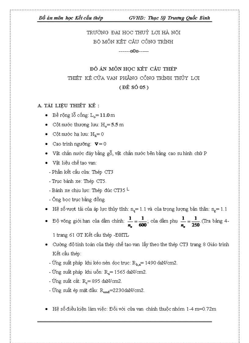 Đồ án môn học kết cấu thép thiết kế cửa van phẳng công trình thủy lợi