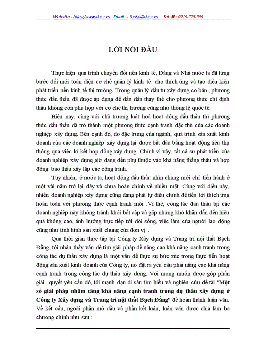 Một số giải pháp nhằm tăng khả năng cạnh tranh trong dự thầu xây dựng ở Công ty Xây dựng và Trang trí nội thất Bạch Đằng