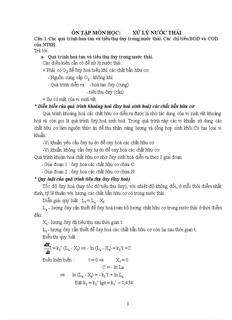 Ôn tập môn học Xử lý nước thải