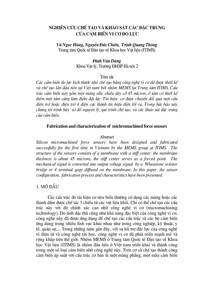 Nghiên cứu chế tạo và khảo sát các đặc trưng của cảm biến vi cơ đo lực