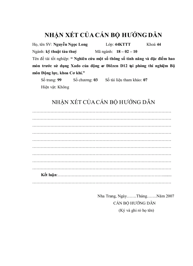 Nghiên cứu một số thông số tính năng và đặc điểm hao mòn trước sử dụng Xado của động cơ Điêzen D12