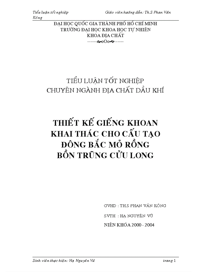 Thiết kế giếng khoan khai thác cho cấu tạo đông bắc mỏ rồng bồn trũng cửu long