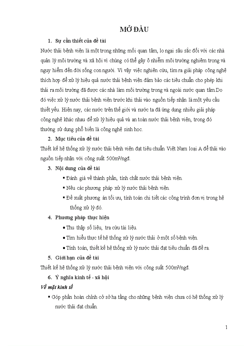 Thiết kế hệ thống xử lý nước thải bệnh viện đạt tiêu chuẩn Việt Nam loại A để thải vào nguồn tiếp nhận với công suất 500m3ngđ