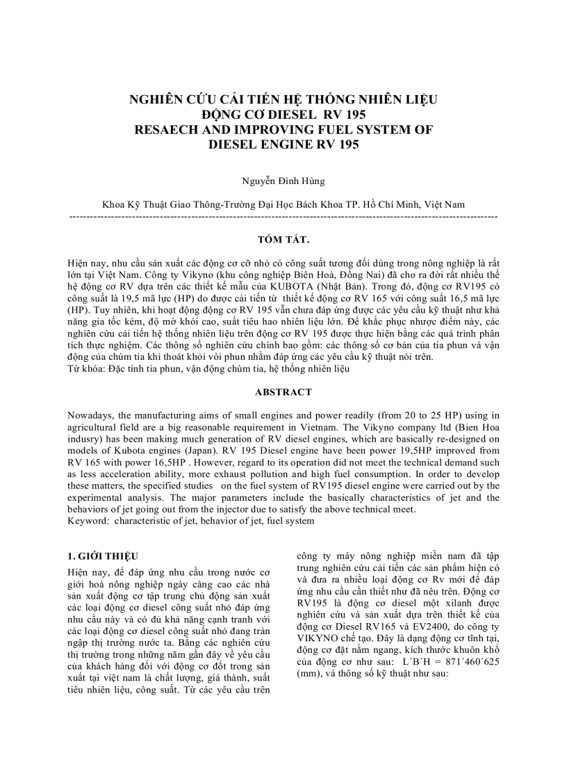 Nghiên cứu cải tiến hệ thống nhiên liệu động cơ diesel rv 195