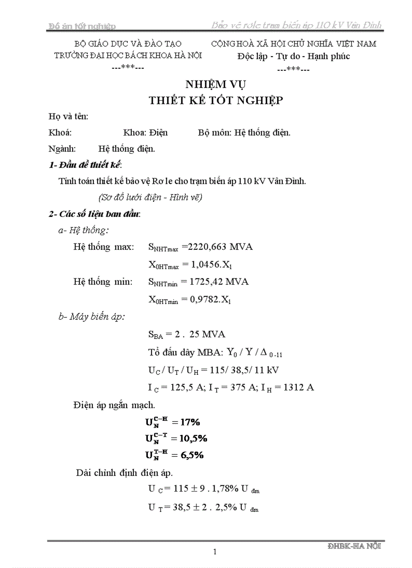 Tính toán thiết kế bảo vệ Rơ le cho trạm biến áp 110 kV Vân Đình