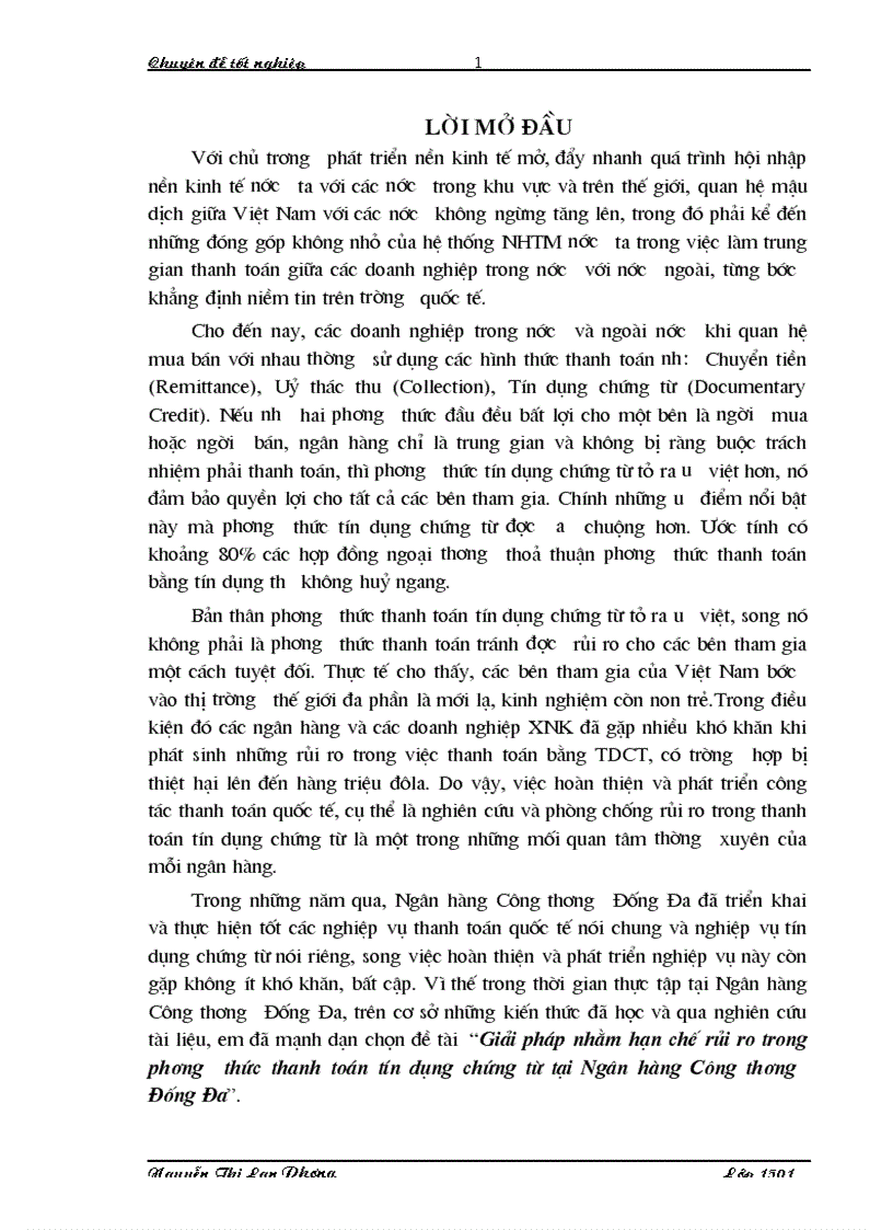 Thực trạng rủi ro trong thanh toán tín dụng chứng từ tại ngân hàng Công thương Đống Đa