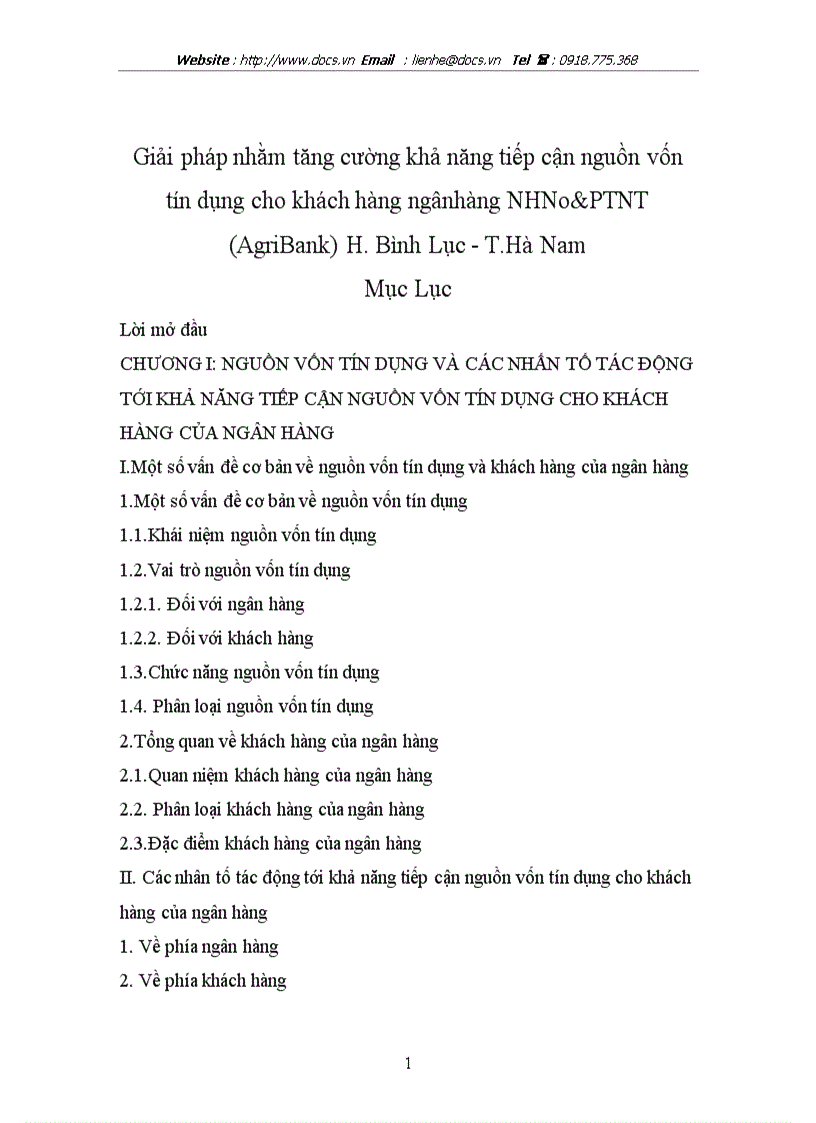 Giải pháp nhằm tăng cường khả năng tiếp cận nguồn vốn tín dụng cho khách hàng ngânhàng NHNo PTNT AgriBank H Bình Lục T Hà Nam