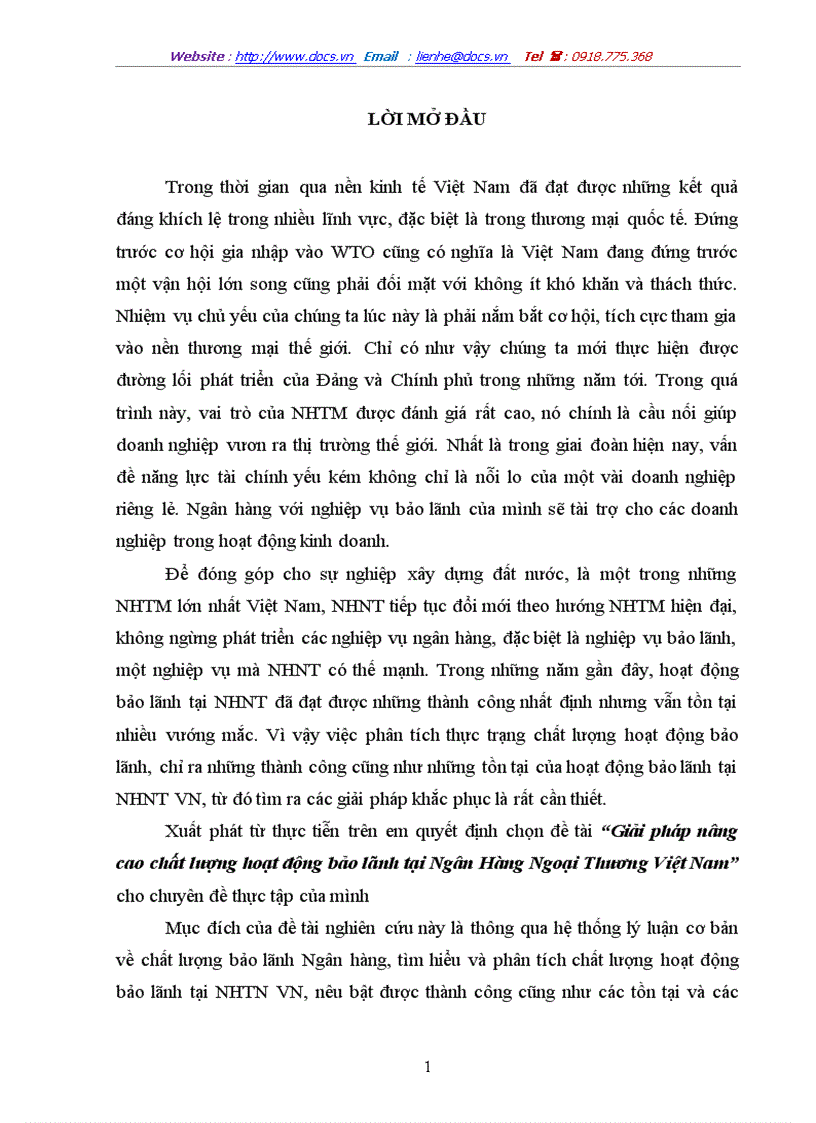 Giải pháp nâng cao chất lượng hoạt động bảo lãnh tại Ngân Hàng Ngoại Thương Việt Nam