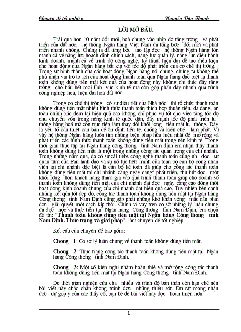 Một số kiến nghị nhằm hoàn thiệ và mở rộng công tác thanh toán không dùng tiền mặt tại Ngân hàng Công thương tỉnh Nam Định