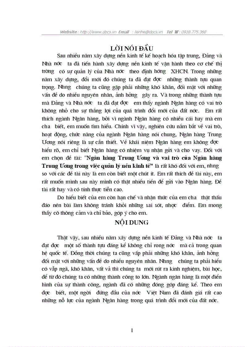 NHTW vai trò của nó trong việc quản lý nền kinh tế