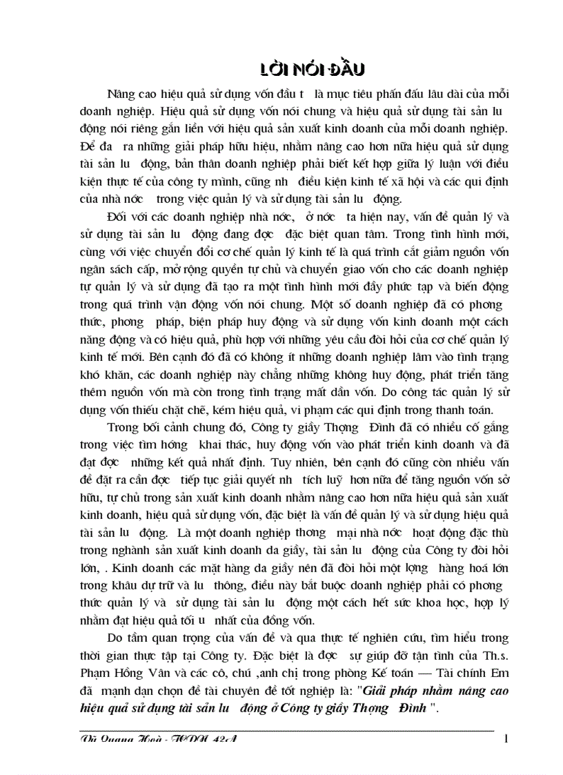 Giải pháp nâng cao hiệu quả sử dụng tài sản lưu động ở công ty Thượng Đình