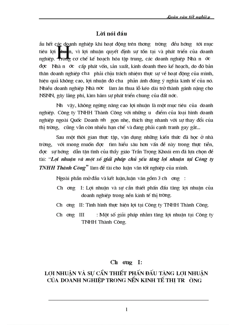 Lợi nhuận và một số giải pháp chủ yếu tăng lợi nhuận tại Công ty TNHH Thành Công