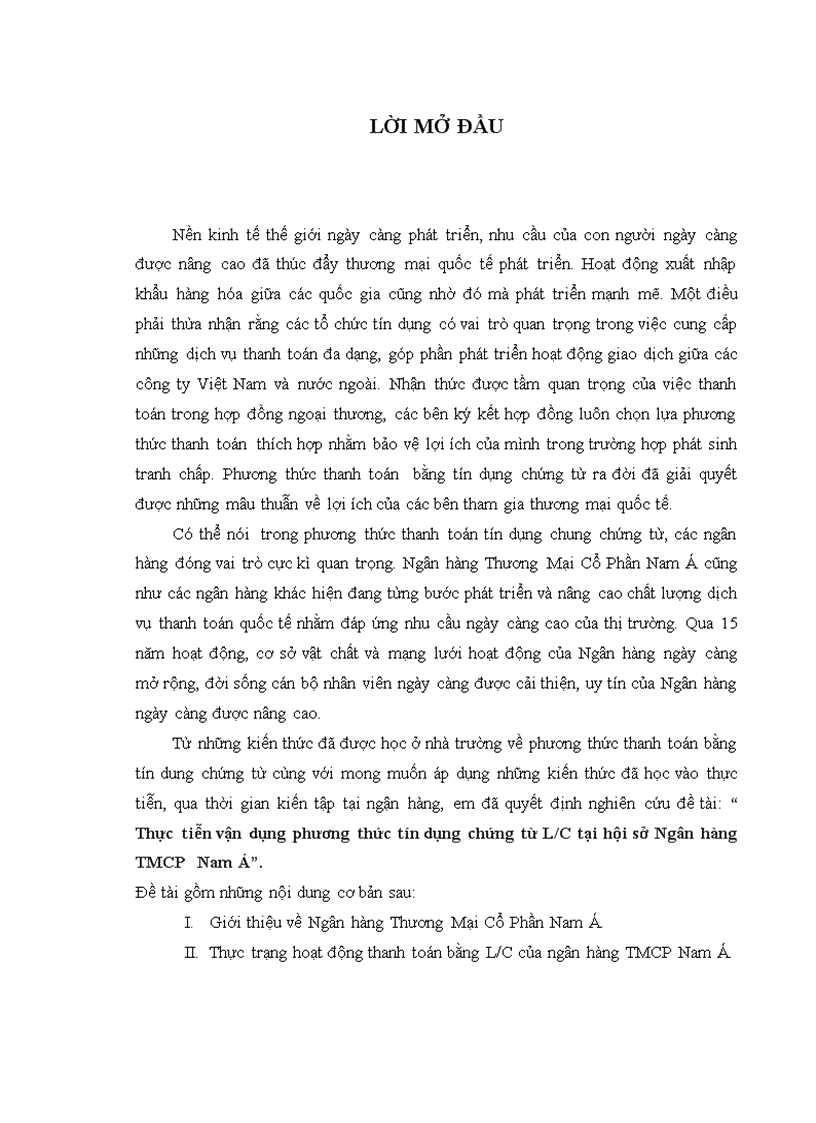 Thực tiễn vận dụng phương thức tín dụng chứng từ L C tại hội Sở Ngân hàng thương mại cổ phần Nam Á