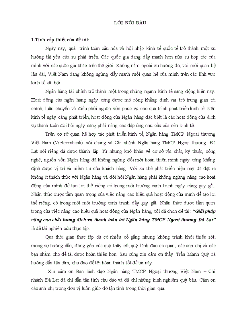 Giải pháp nâng cao chất lượng dịch vụ thanh toán tại NH VietcomBank chi nhánh Đà Lạt