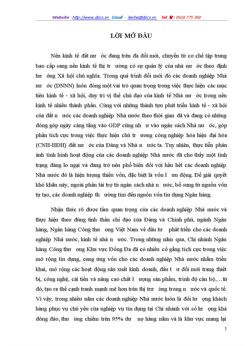 Giải pháp nâng cao chất lượng tín dụng khi cho vay doanh nghiệp Nhà nước tại Chi nhánh Ngân hàng Công thư ơng khu vực Đống Đa