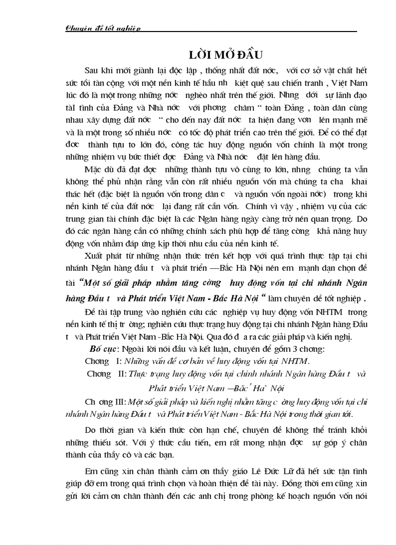 Một số giải pháp và kiến nghị nhằm tăng cường huy động vốn tại chi nhánh ngân hàng đầu tư và phát triển Bắc Hà Nội