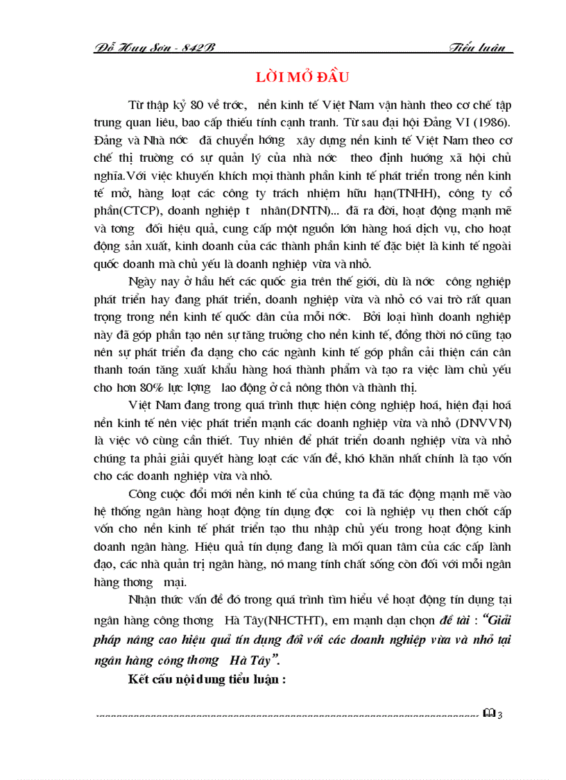 Nâng cao hiệu quả tín dụng đối với các doanh nghiệp vừa và nhỏ tại ngân hàng công thương hà tây
