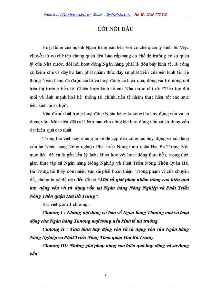Một số giải pháp nhằm nâng cao hiệu quả huy động vốn và sử dụng vốn tại Ngân hàng Nông Nghiệp và Phát Triển Nông Thôn quận Hai Bà Trưng
