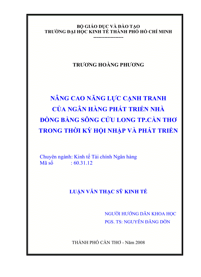 Luận văn thạc sỹ nâng cao năng lực cạnh tranh của ngân hàng phát triển nhà đồng bằng sông cửu long tp cần thơ trong thời kỳ hội nhập và phát triển