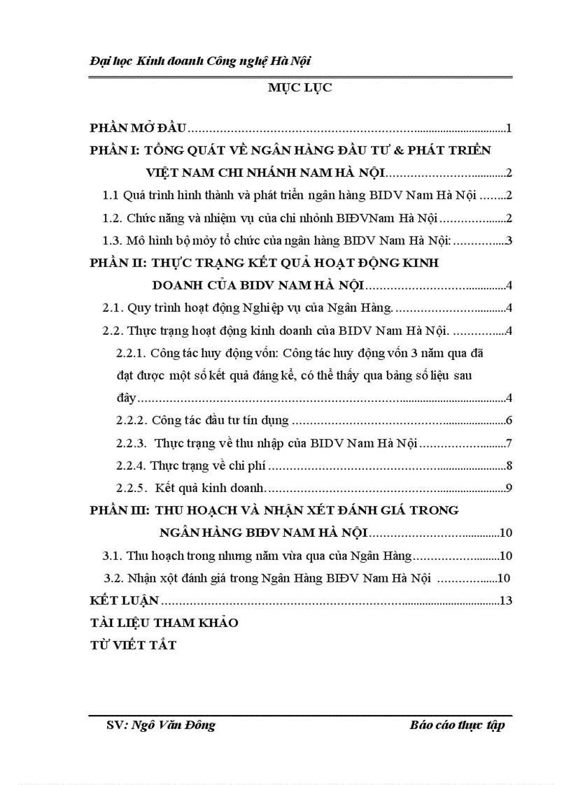 Thực trạng kết quả hoạt động kinh doanh của Ngân hàng Đầu tư và Phát triển Việt Nam chi nhánh Nam Hà Nội