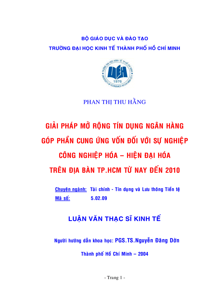 Giải pháp mở rộng tín dụng Ngân hàng góp phần cung ứng vốn đối với sự nghiệp CNH HĐH trên địa bàn Tp HCM từ nay đến 2010