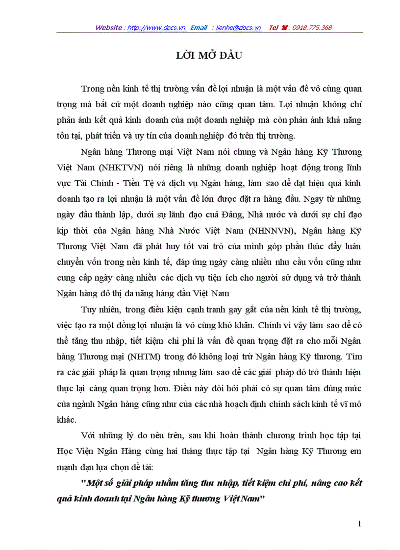 Một số giải pháp nhằm tăng thu nhập tiết kiệm chi phí nâng cao kết quả kinh doanh tại Ngân hàng Kỹ thương Việt Nam