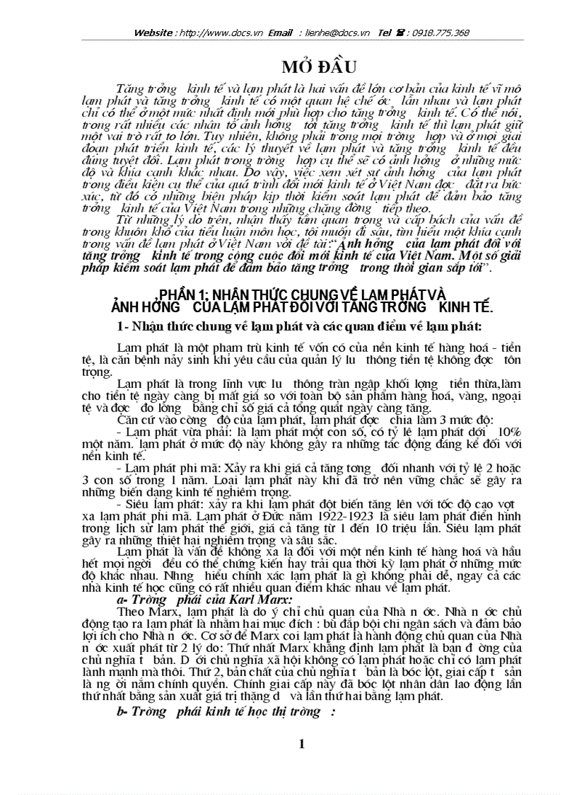 Ảnh hưởng của lạm phát đối với tăng trưởng kinh tế trong công cuộc đổi mới kinh tế của Việt Nam Một số giải pháp kiểm soát lạm phát để đảm bảo tăng t