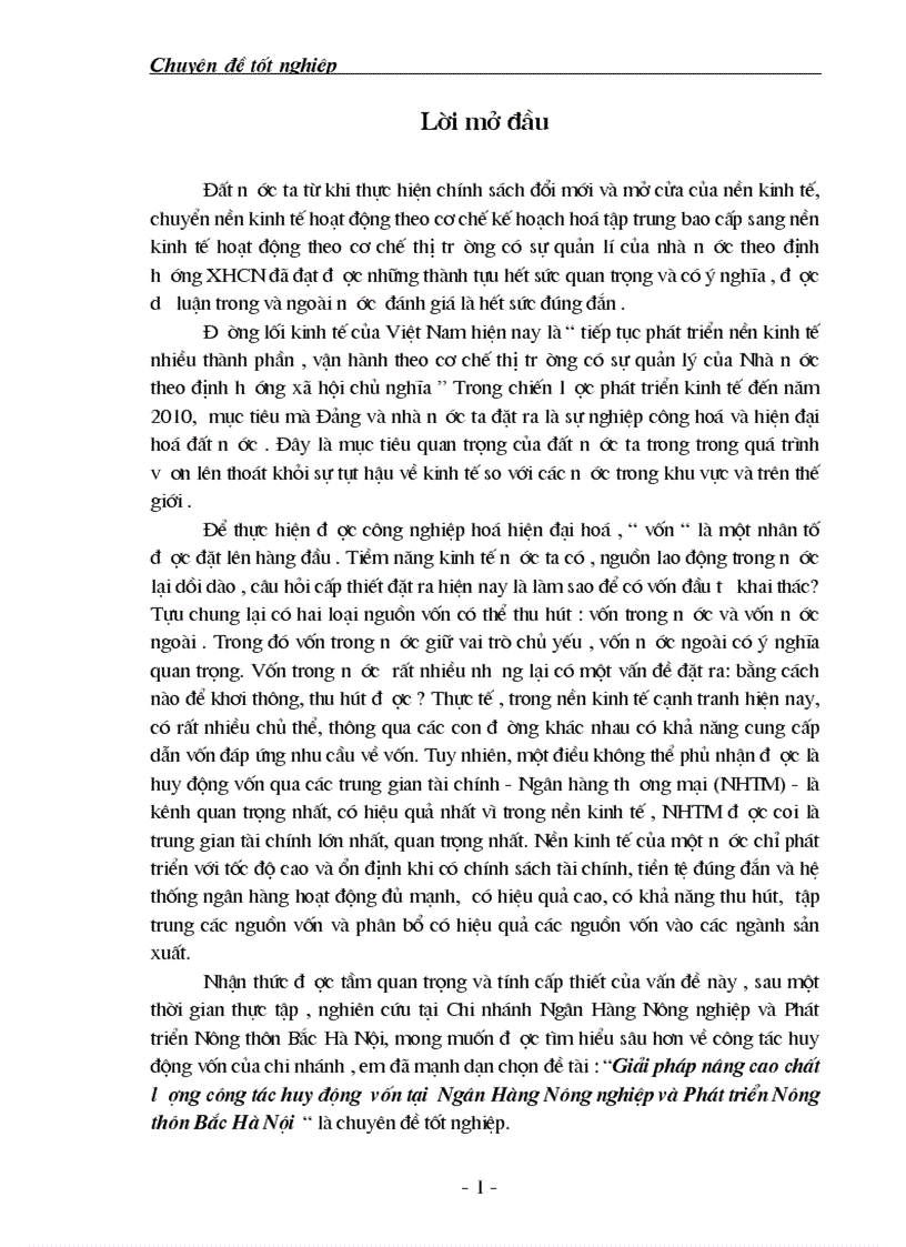 Công tác huy động vốn tại Ngân hàng nông nghiệp và phát triển nông thôn Bắc Hà Nội