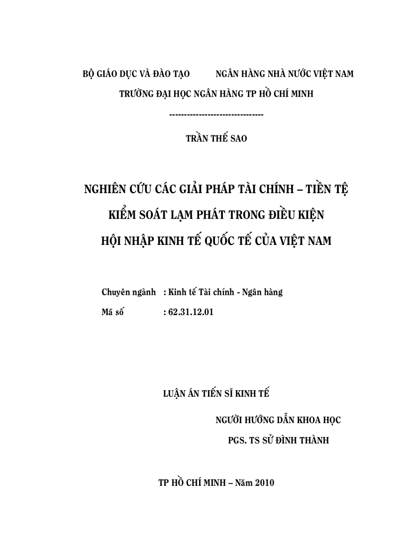 Luận án tiến sĩ đh ngân hàng Nghiên cứu các giải pháp tài chính tiền tệ kiểm soát lạm phát trong điều kiện hội nhập kinh tế quốc tế của việt nam