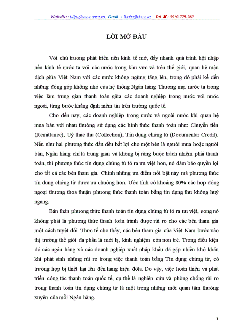 Giải pháp nhằm hạn chế rủi ro trong phương thức thanh toán tín dụng chứng từ tại Ngân hàng Công thương Đống Đa