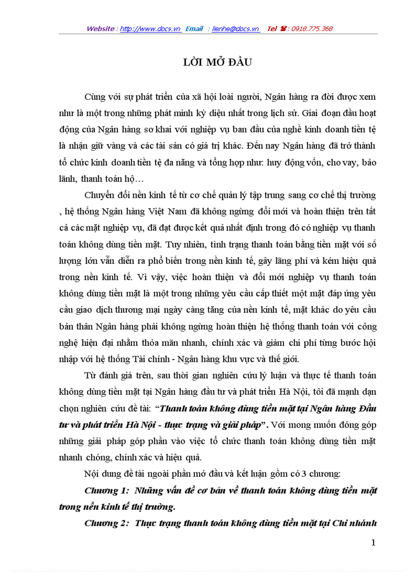 Thanh toán không dùng tiền mặt tại Ngân hàng Đầu tư và phát triển Hà Nội thực trạng và giải pháp