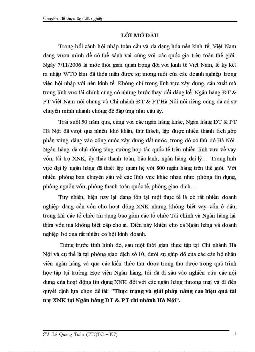 Thực trạng và giải pháp nâng cao hiệu quả tài trợ XNK tại Ngân hàng ĐT PT chi nhánh Hà Nội