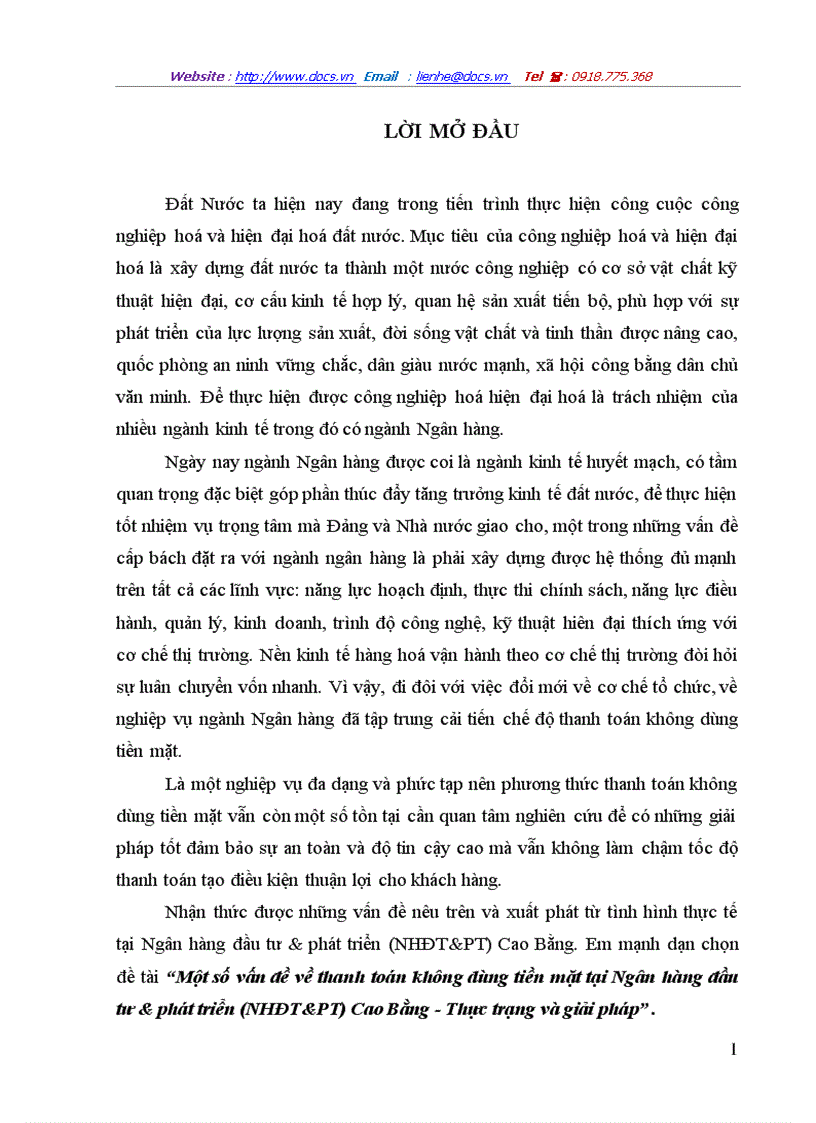 Một số vấn đề về thanh toán không dùng tiền mặt tại Ngân hàng đầu tư phát triển NHĐT PT Cao Bằng Thực trạng và giải pháp