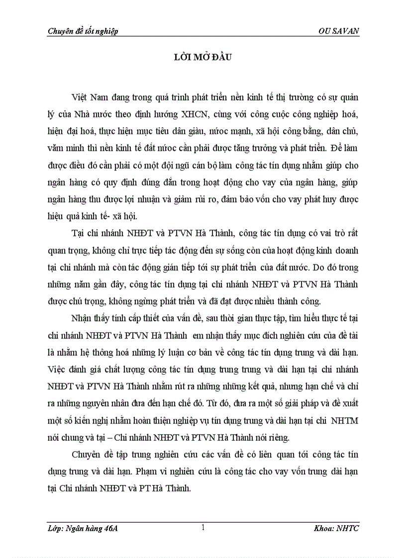 Giải pháp nâng cao hiệu quả tín dụng trung và dài hạn tại chi nhánh ngân hàng đầu tư và phát triển việt nam hà thành