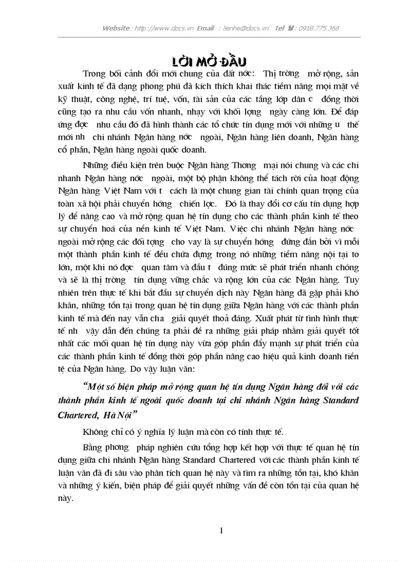 Một số biện pháp mở rộng quan hệ tín dụng Ngân hàng đối với các thành phần kinh tế ngoài quốc doanh tại chi nhánh Ngân hàng Standard Chartered Hà Nội