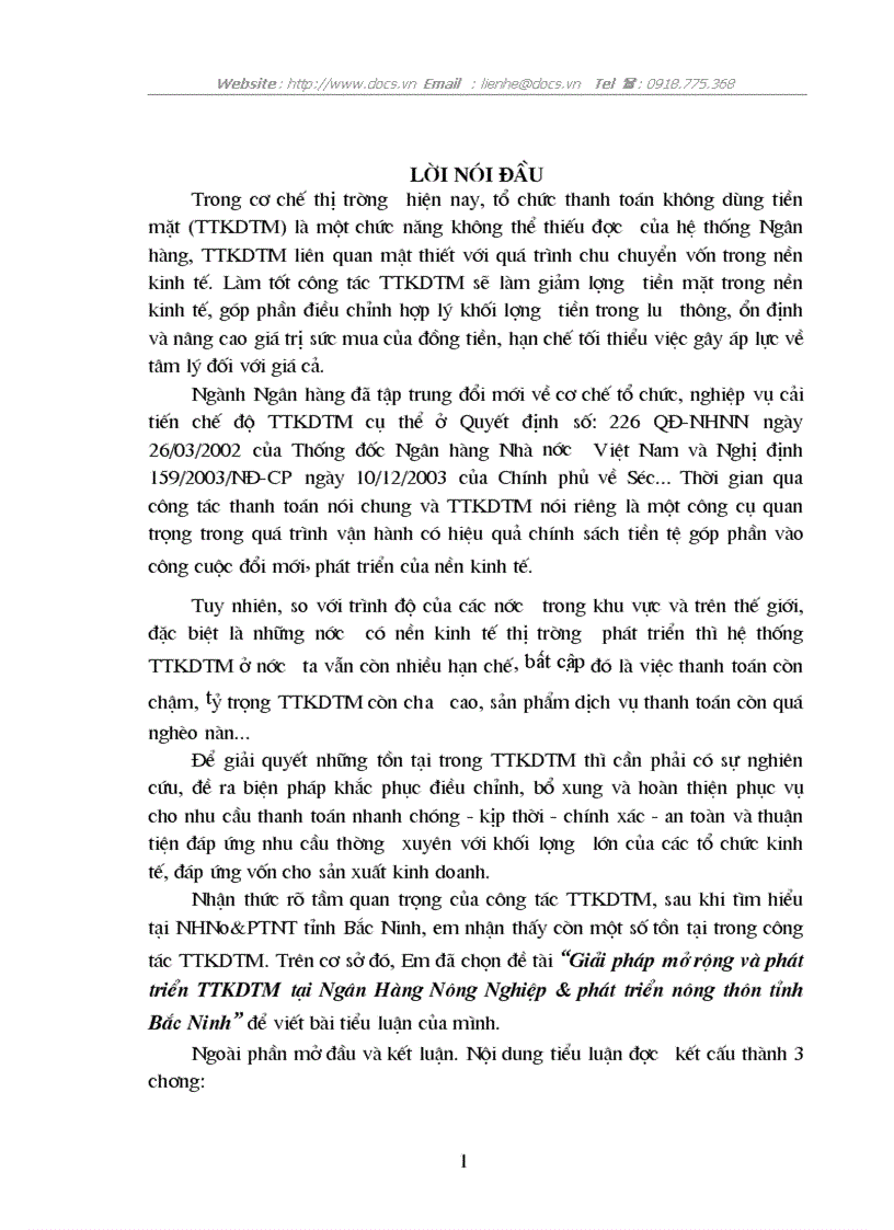 Giải pháp mở rộng và phát triển TTKDTM tại Ngân Hàng Nông Nghiệp phát triển nông thôn tỉnh Bắc Ninh