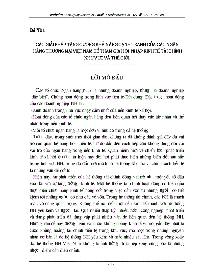 Các giải pháp tăng cường khả năng cạnh tranh của các ngân hàng thương mại việt nam để tham gia hội nhập kinh tế tài chính khu vực và thế giới