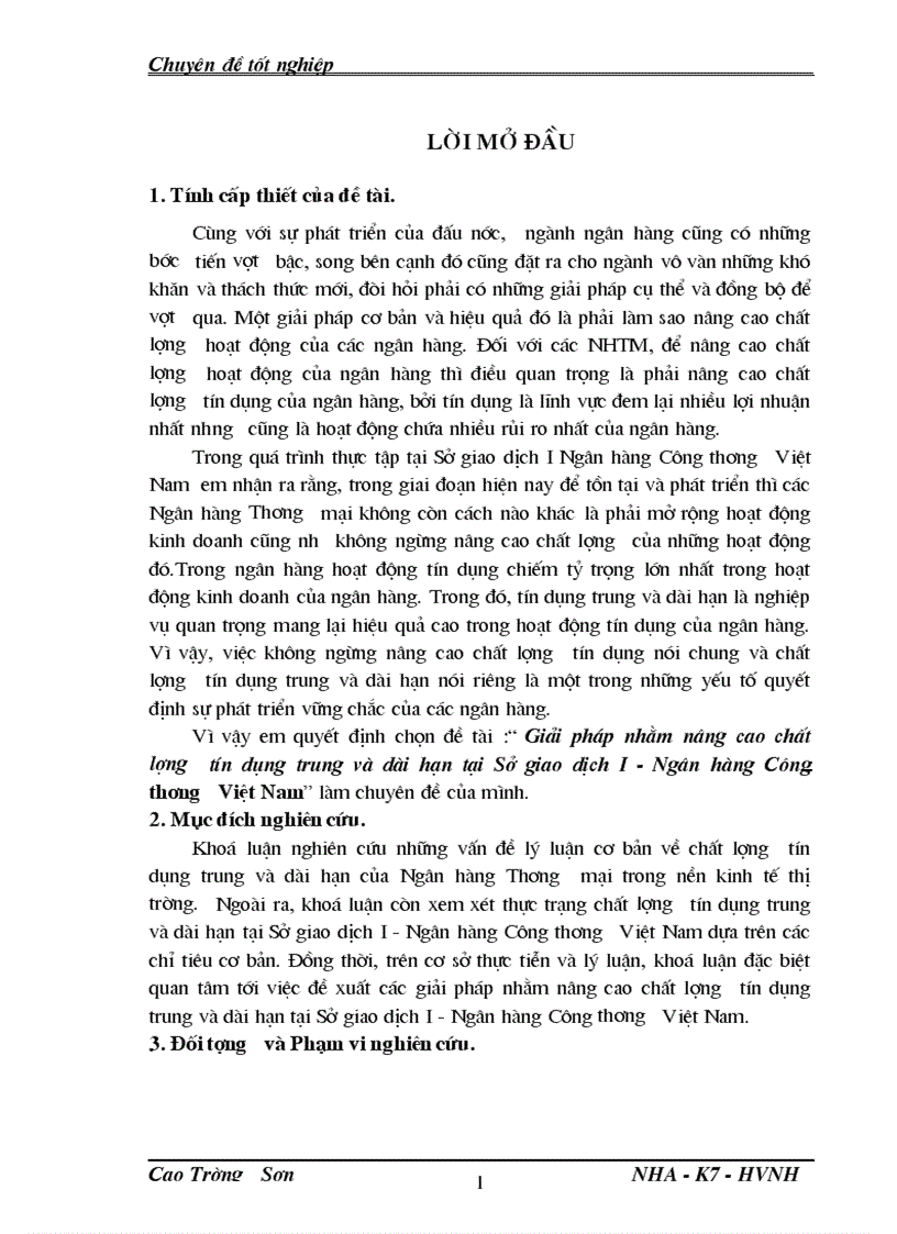 Giải pháp nhằm nâng cao chất lượng tín dụng trung và dài hạn tại Sở giao dịch I Ngân hàng Công thương Việt Nam