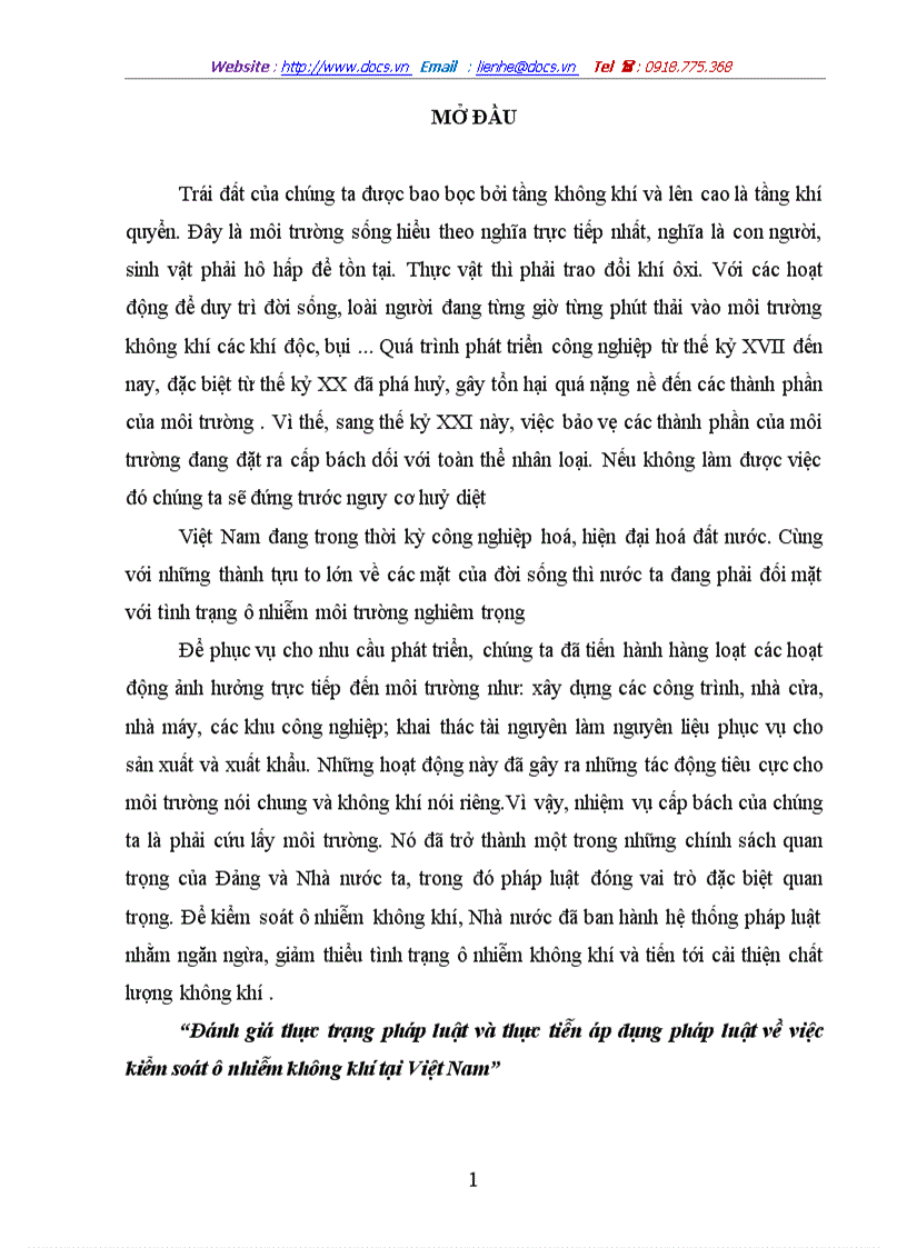 Đánh giá thực trạng pháp luật và thực tiễn áp dụng pháp luật về việc kiểm soát ô nhiễm không khí tại Việt Nam