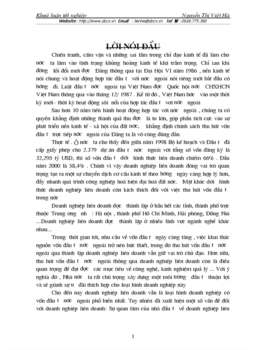 Điạ vị pháp lý của doanh nghiệp liên doanh theo luật đầu tư nước ngoài tại Việt Nam năm 2000